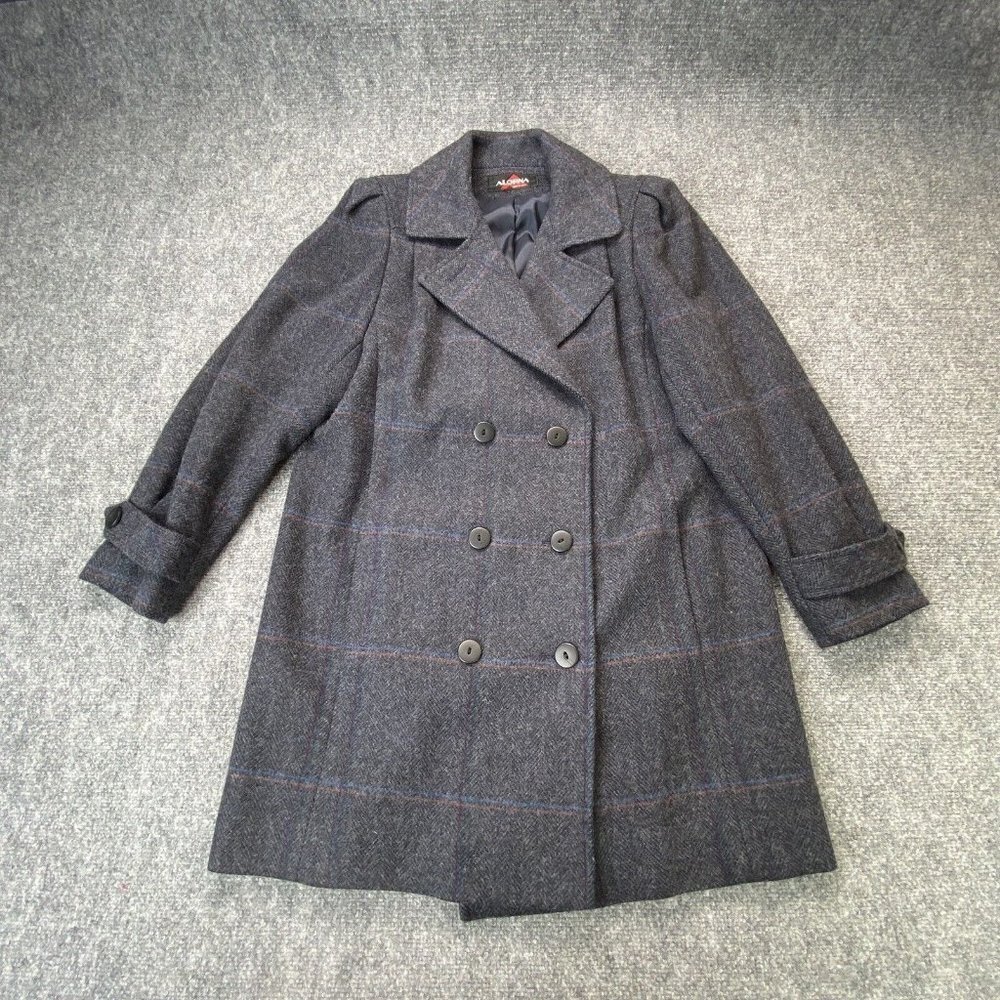 VTG Alorna Coat Women L Gray Wool Windowpane Double Breasted 80s‎ Union USA 90s
